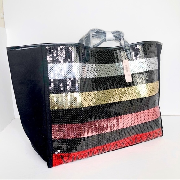 Nwt VICTORIA'S SECRET STRIPED SEQUIN BLACK PINK RED LOGO TOTE - Picture 6 of 13